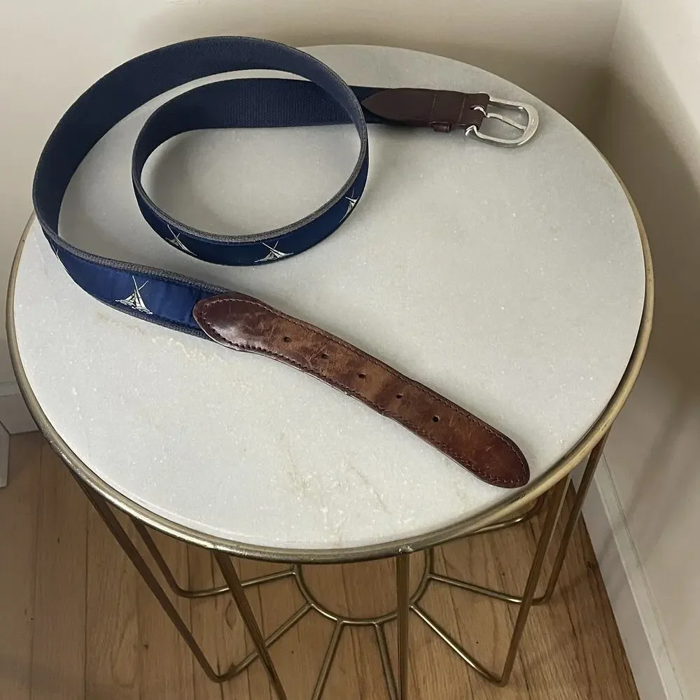 Belted Cow Co Nautical Sailboat Ribbon Club Belt Mens 44 Leather Preppy Yacht